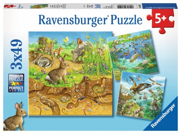 Ravensburger Spieleverlag Über Tiere in ihren Lebensräumen Puzzle 3 x 49 Teile Spielzeug